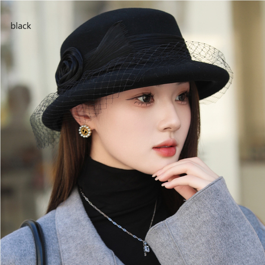 Wool Bowler Hat for Women - 100% Merino Wool with Rose & Veil Accent - AOA Fashion Accessories