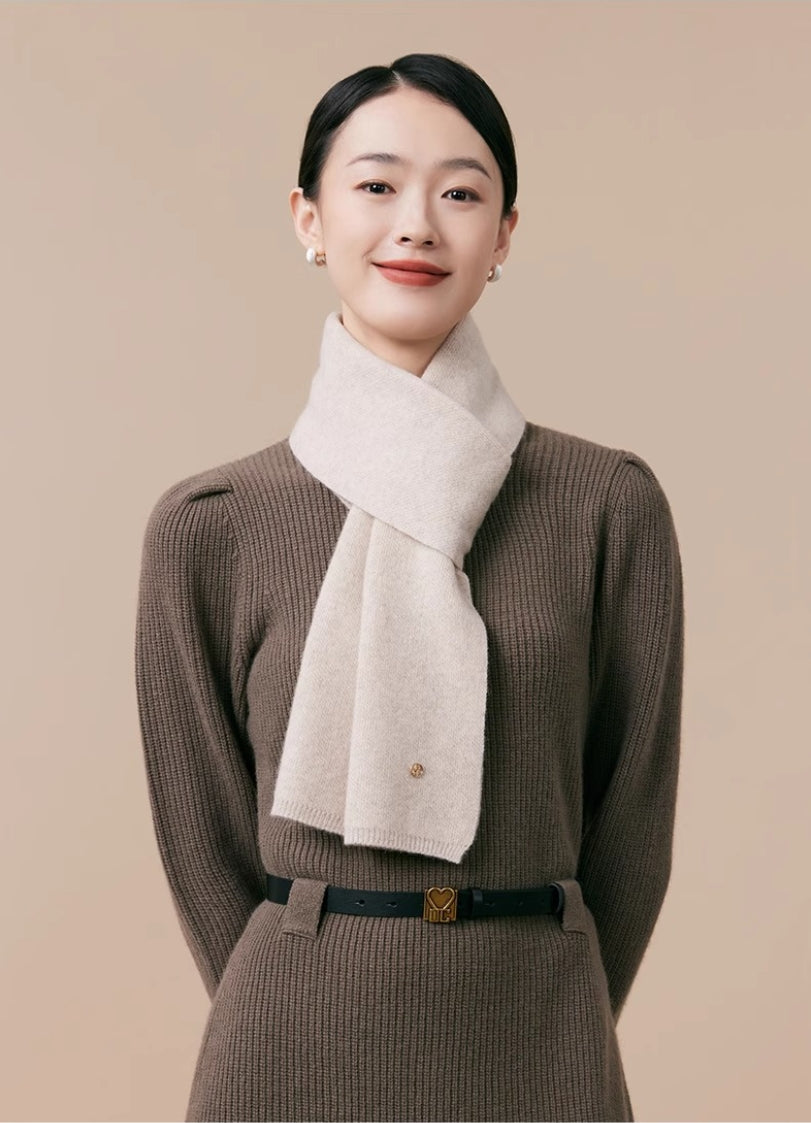 Women's autumn and winter 100% pure wool warm scarf, knitted simple solid color scarf