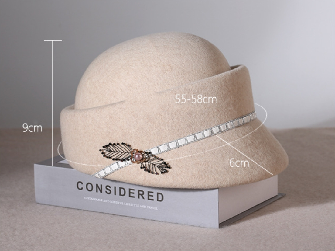 Womens Wool Cloche Hat - With Delicate Floral Decoration - AOA Fashion Accessories