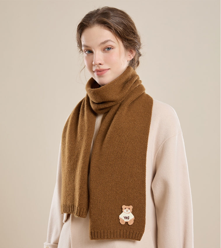 Women's 100% sheep wool scarf with bear pattern, soft and skin-friendly.