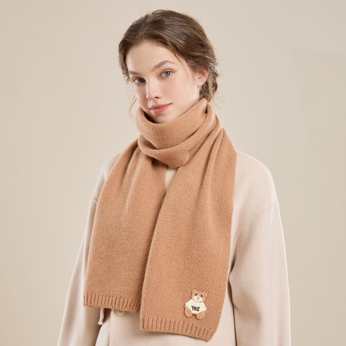 Women's 100% sheep wool scarf with bear pattern, soft and skin-friendly.