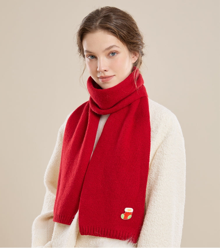 Red Wool Scarf – With Cute Christmas Holiday Embroidery - OESLO