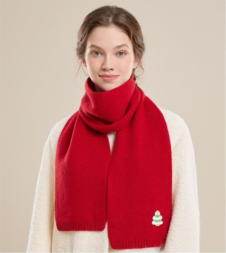 Red Wool Scarf – With Cute Christmas Holiday Embroidery - OESLO
