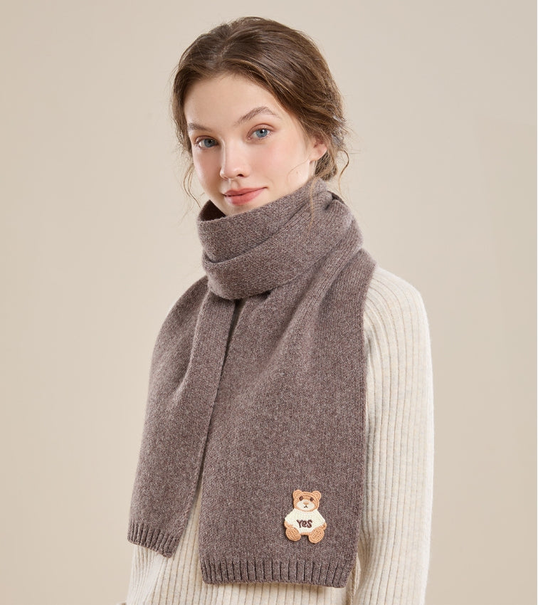 Women's 100% sheep wool scarf with bear pattern, soft and skin-friendly.