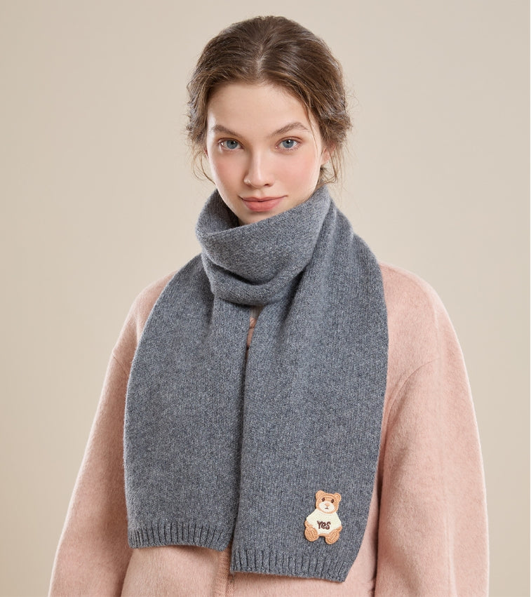 Women's 100% sheep wool scarf with bear pattern, soft and skin-friendly.