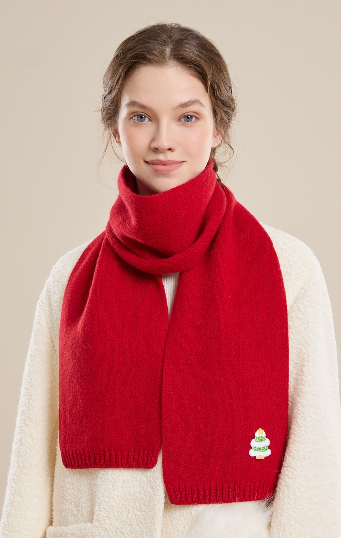 Red Wool Scarf – With Cute Christmas Holiday Embroidery - OESLO