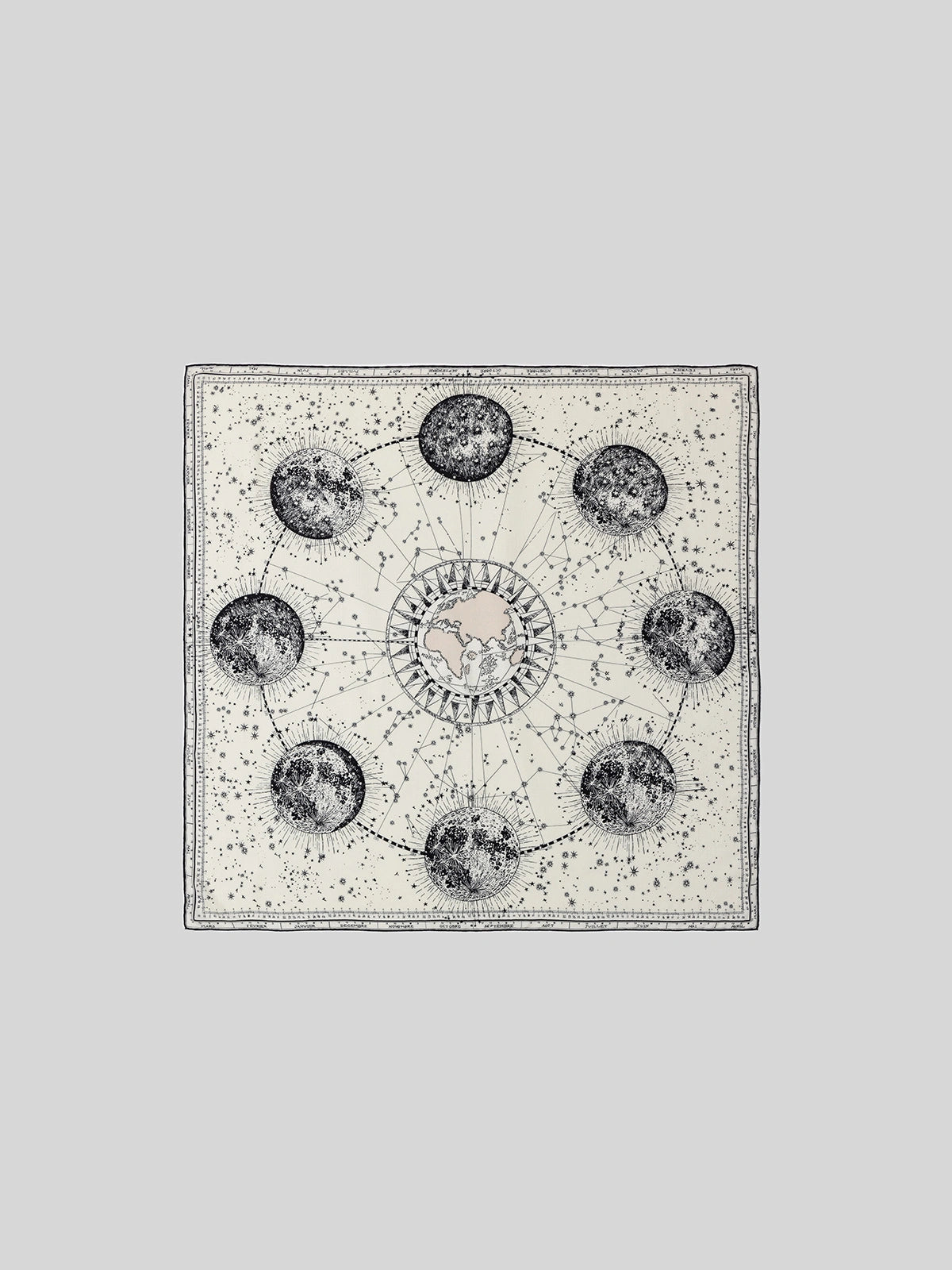 Silk Wool Square Scarf - Cosmic Star Map Print | Beige, 130*130cm, full view, detailed cosmic and moon art, ideal for chic, celestial style lovers.