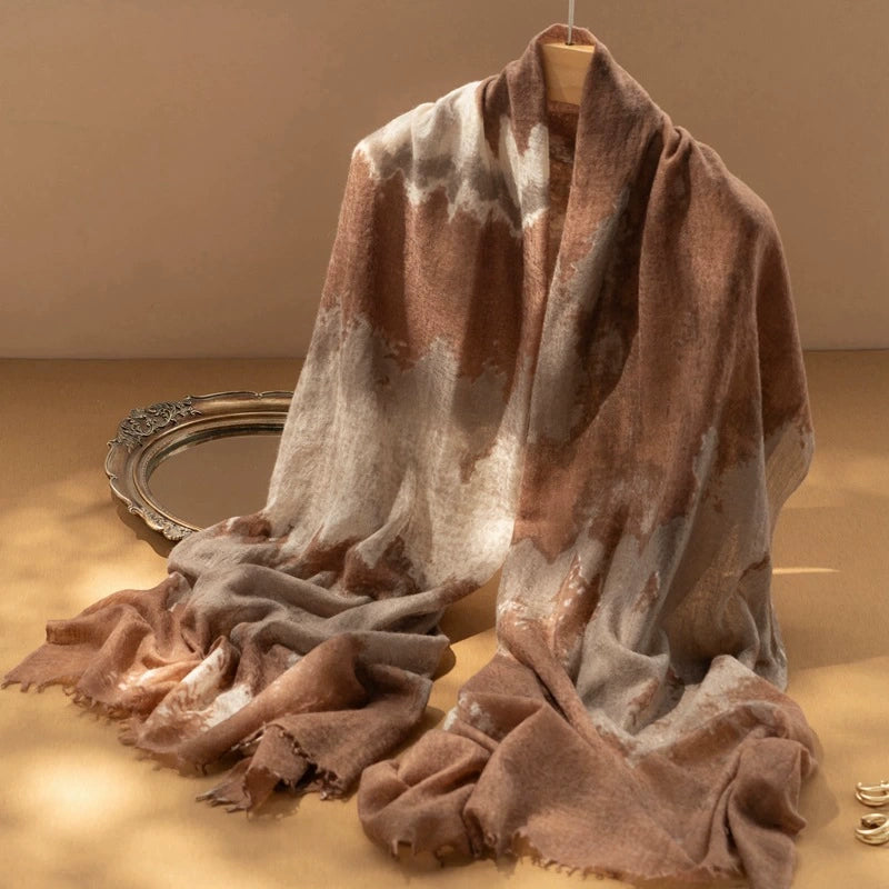 Luxury cashmere scarf in coffee brown with an abstract tie-dye pattern, ideal for a sophisticated look.