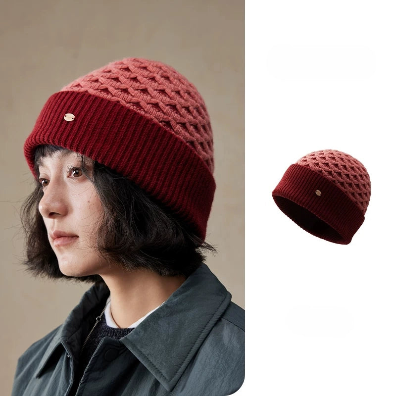 Luxury Wool Beanie – Rib Knit Winter Hat in Berry Red & Light Khaki - OESLO
