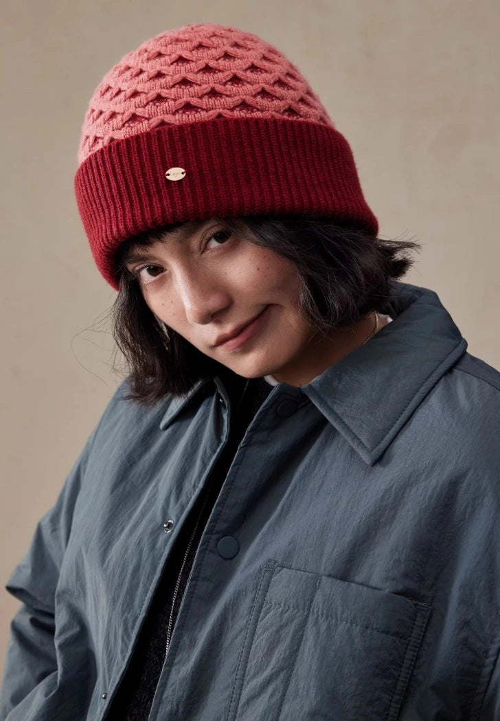 Luxury Wool Beanie – Rib Knit Winter Hat in Berry Red & Light Khaki - OESLO