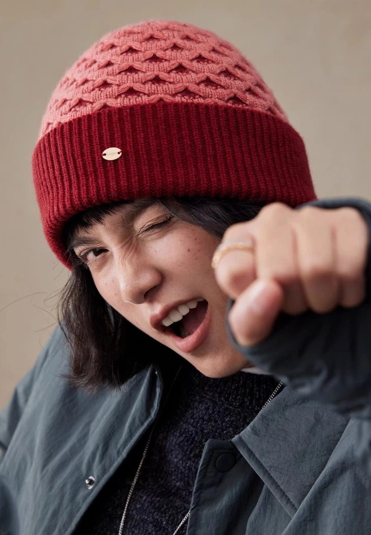 Luxury Wool Beanie – Rib Knit Winter Hat in Berry Red & Light Khaki - OESLO