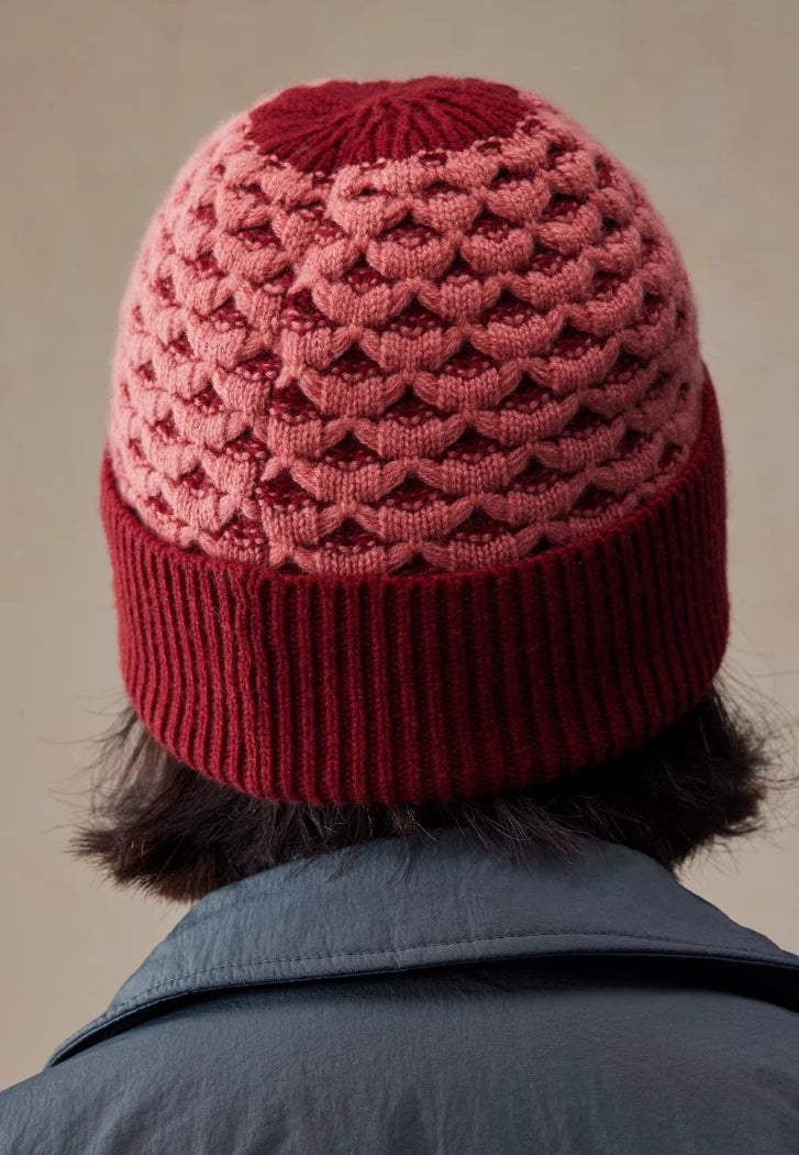 Luxury Wool Beanie – Rib Knit Winter Hat in Berry Red & Light Khaki - OESLO