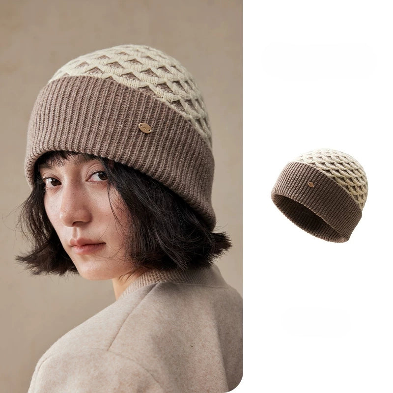 Luxury Wool Beanie – Rib Knit Winter Hat in Berry Red & Light Khaki - OESLO
