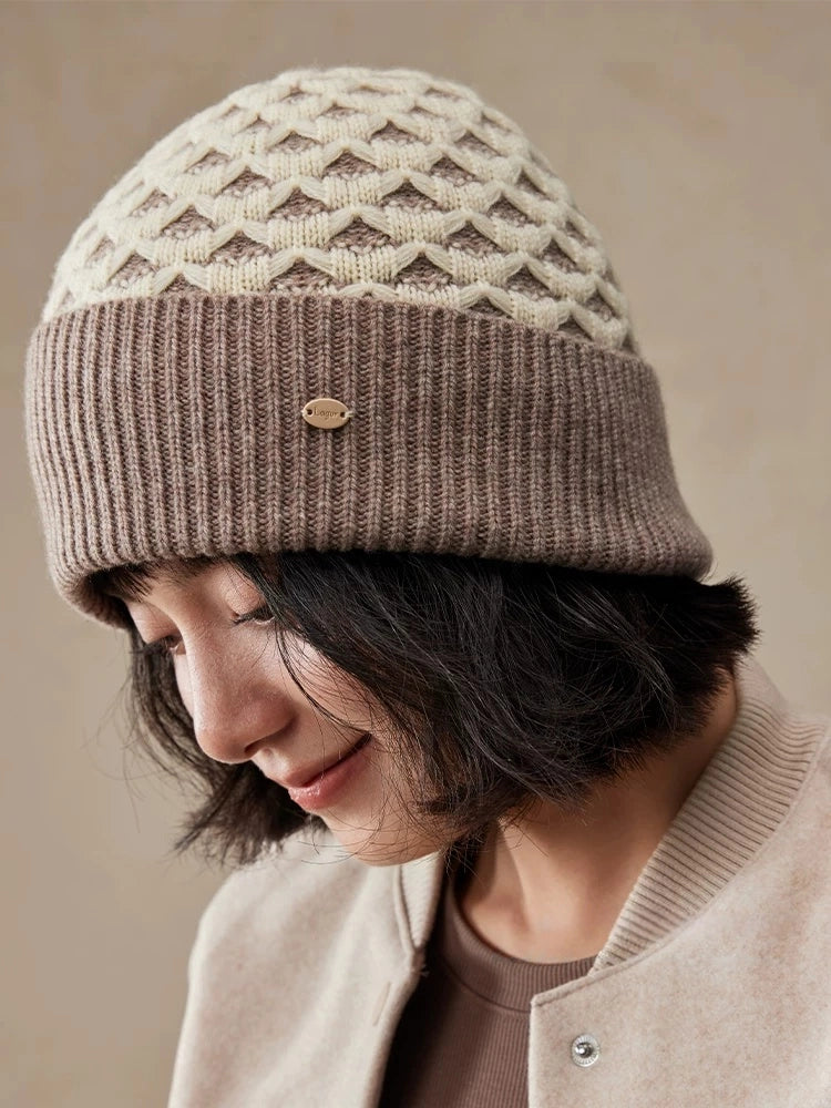 Luxury Wool Beanie – Rib Knit Winter Hat in Berry Red & Light Khaki - OESLO