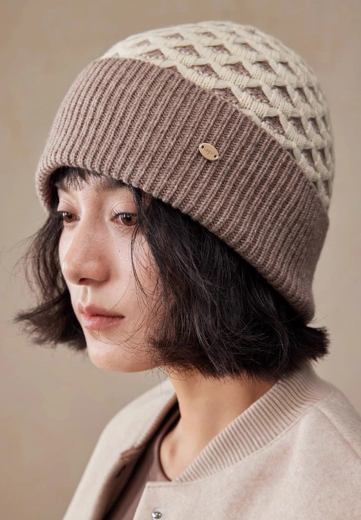 Luxury Wool Beanie – Rib Knit Winter Hat in Berry Red & Light Khaki - OESLO