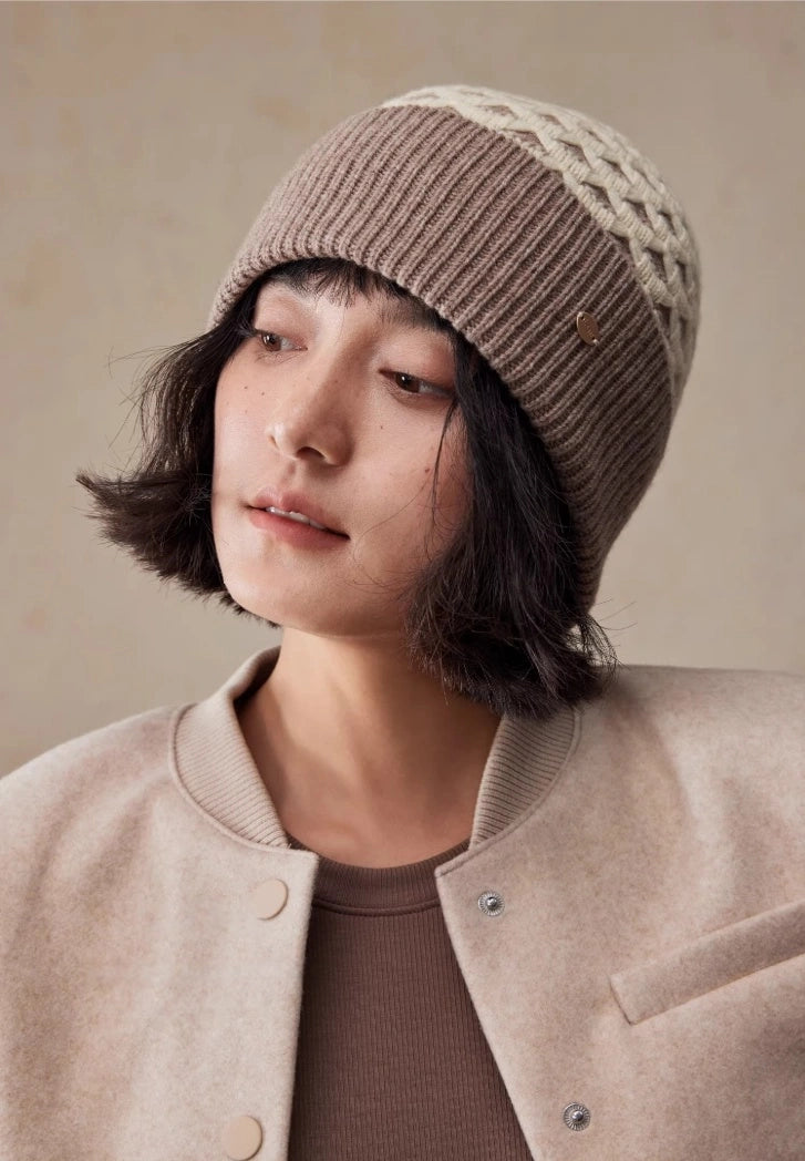 Luxury Wool Beanie – Rib Knit Winter Hat in Berry Red & Light Khaki - OESLO