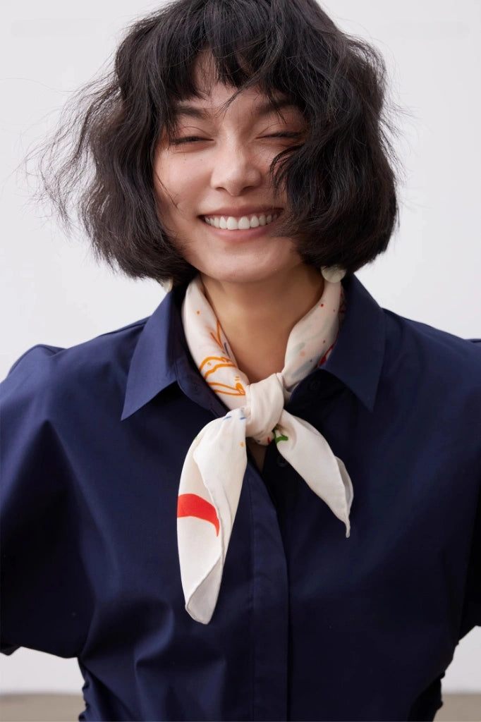 Silk Square Scarf, Moonlight White with Fireworks Ballerina Print, 100% Mulberry Silk, 63*63cm - Elegant scarf worn as necktie.