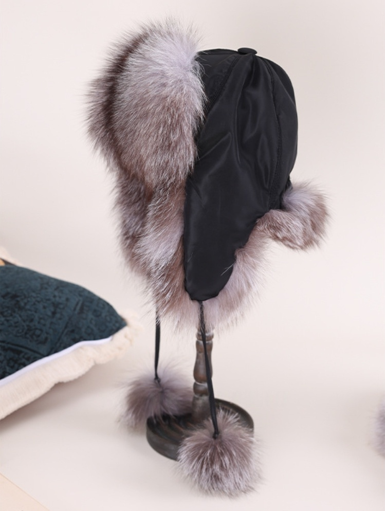 Fox Fur Trapper Hat - With Ear Flaps and Pom-Pom Decorations - OESLO