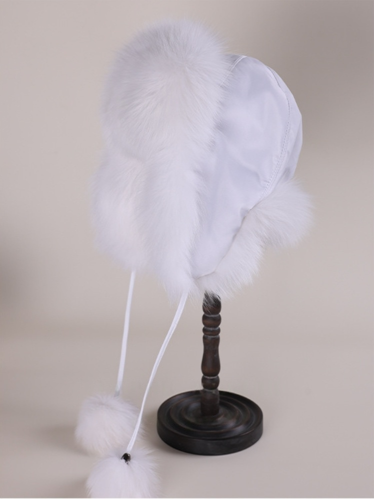 Fox Fur Trapper Hat - With Ear Flaps and Pom-Pom Decorations - OESLO