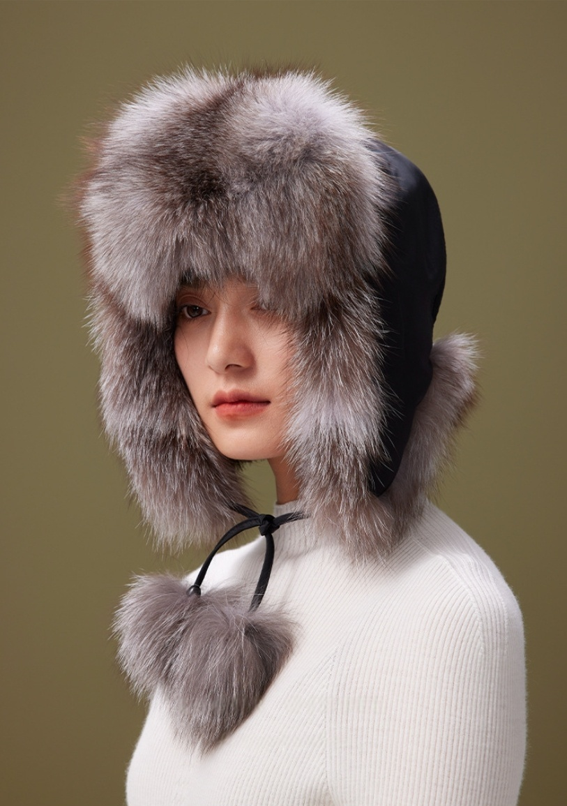 Fox Fur Trapper Hat - With Ear Flaps and Pom-Pom Decorations - OESLO