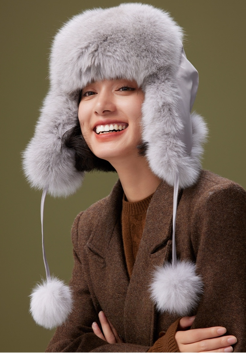 Fox Fur Trapper Hat - With Ear Flaps and Pom-Pom Decorations - OESLO