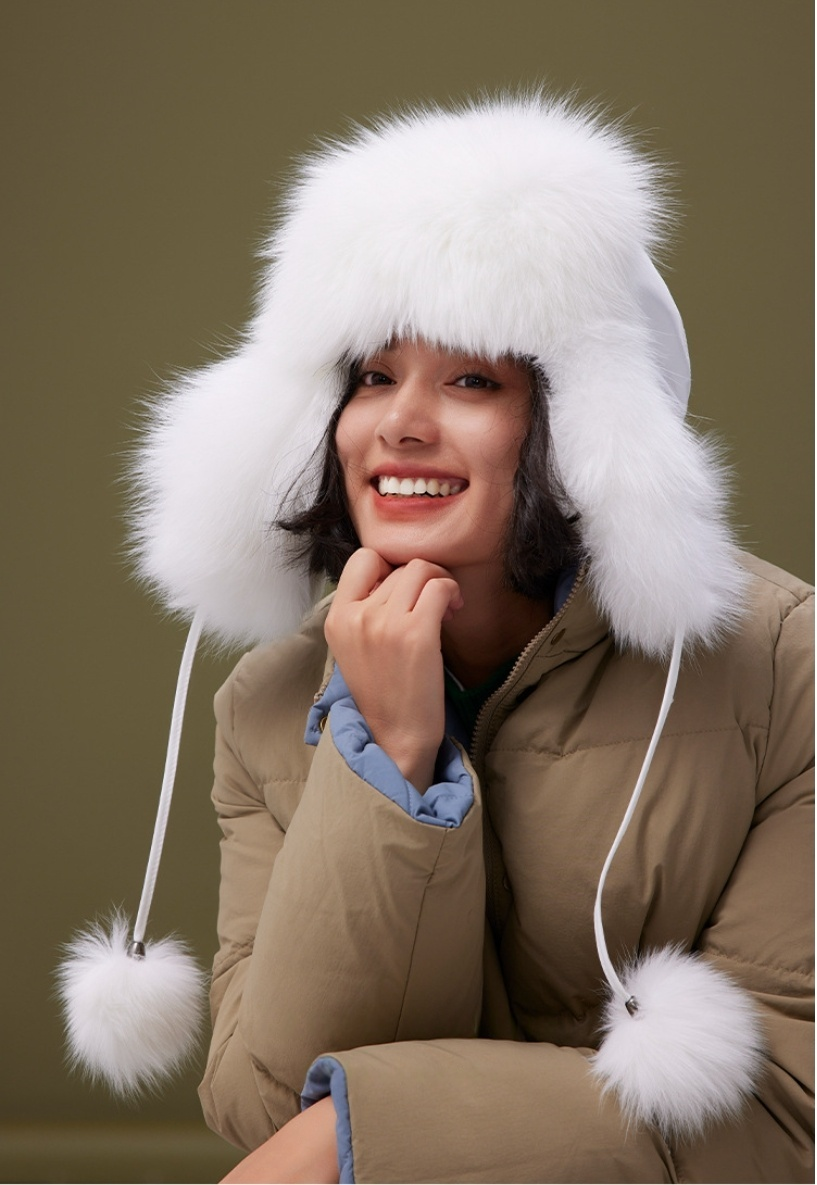 Fox Fur Winter Hat - With Ear Flaps and Pom-Pom Decorations - AOA Fashion Accessories