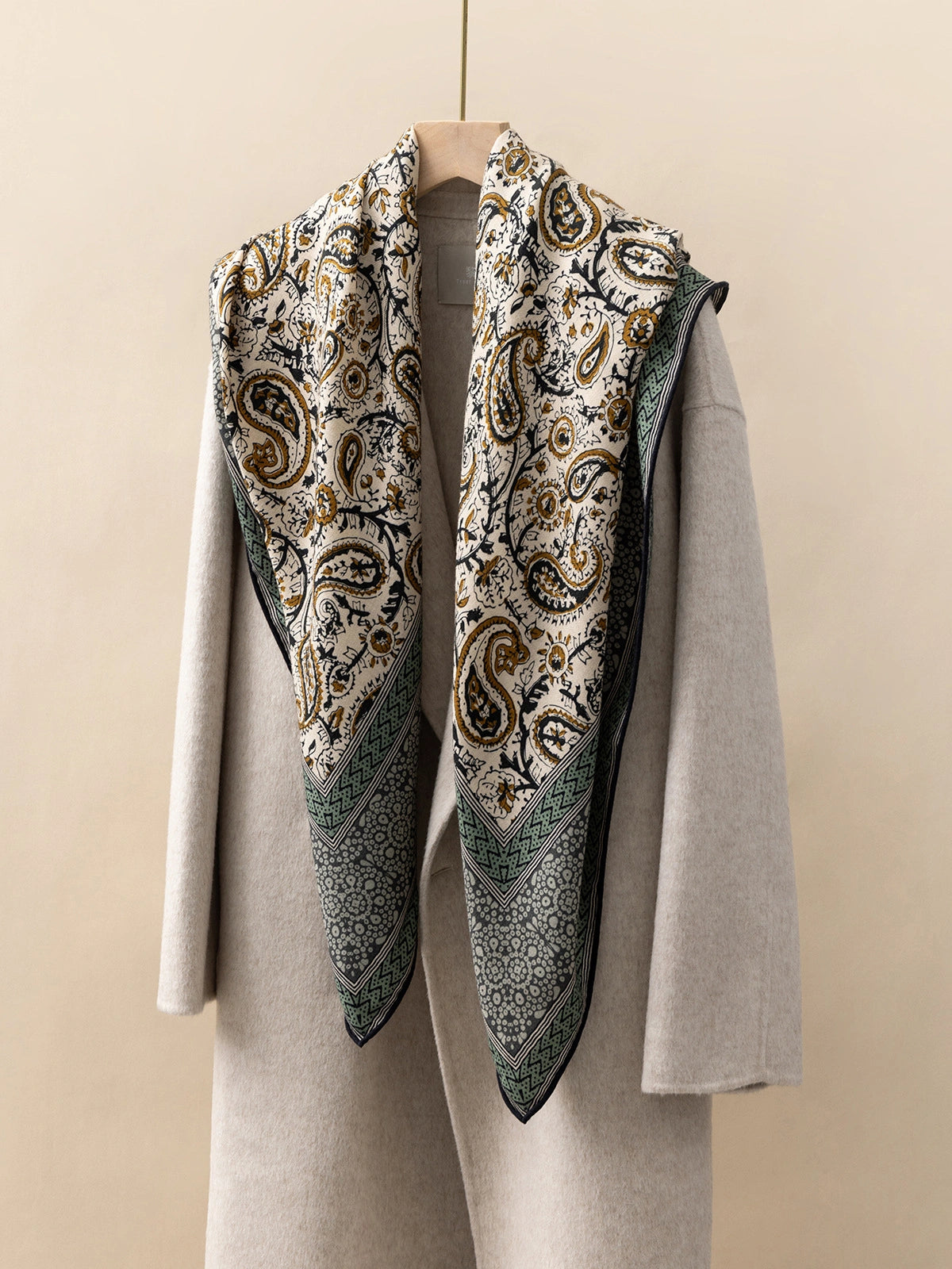 Silk Wool Square Scarf – Vintage Paisley Design | Green, 130*130cm, draped view, featuring vintage paisley design, perfect for a sophisticated look.
