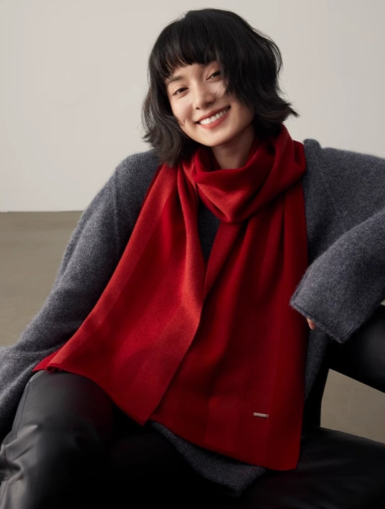 Merino Wool Scarf with Contrast Stripe – Sakura Pink & Cherry Red - OESLO