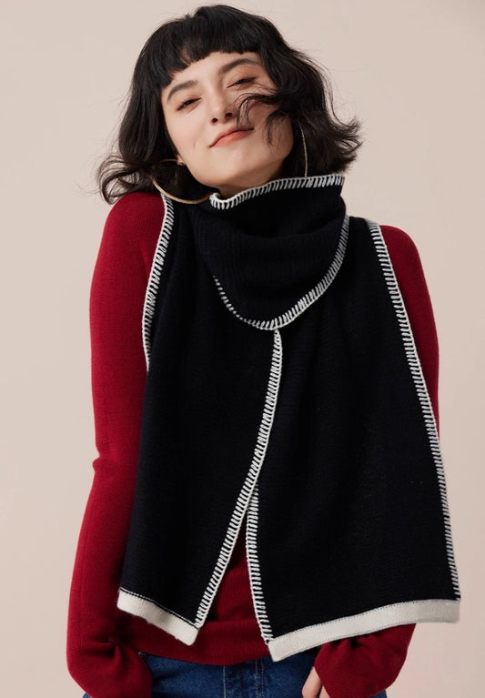 Cashmere Scarf – Minimalist Contrast Edge Design | Black & Ivory