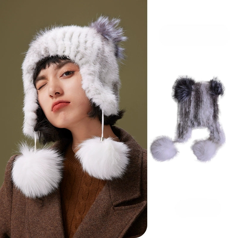 Mink Fur Knitted Hat with Fox Fur Pom Poms | Multiple Colors OESLO