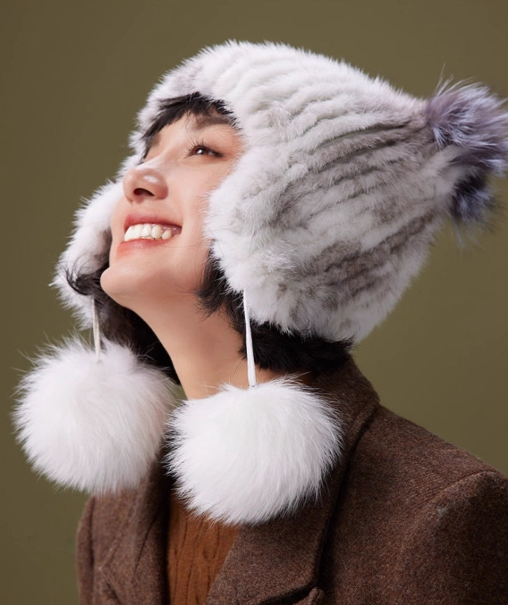 Mink Fur Knitted Hat with Fox Fur Pom Poms | Multiple Colors OESLO