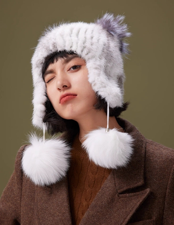 Mink Fur Knitted Hat with Fox Fur Pom Poms | Multiple Colors OESLO