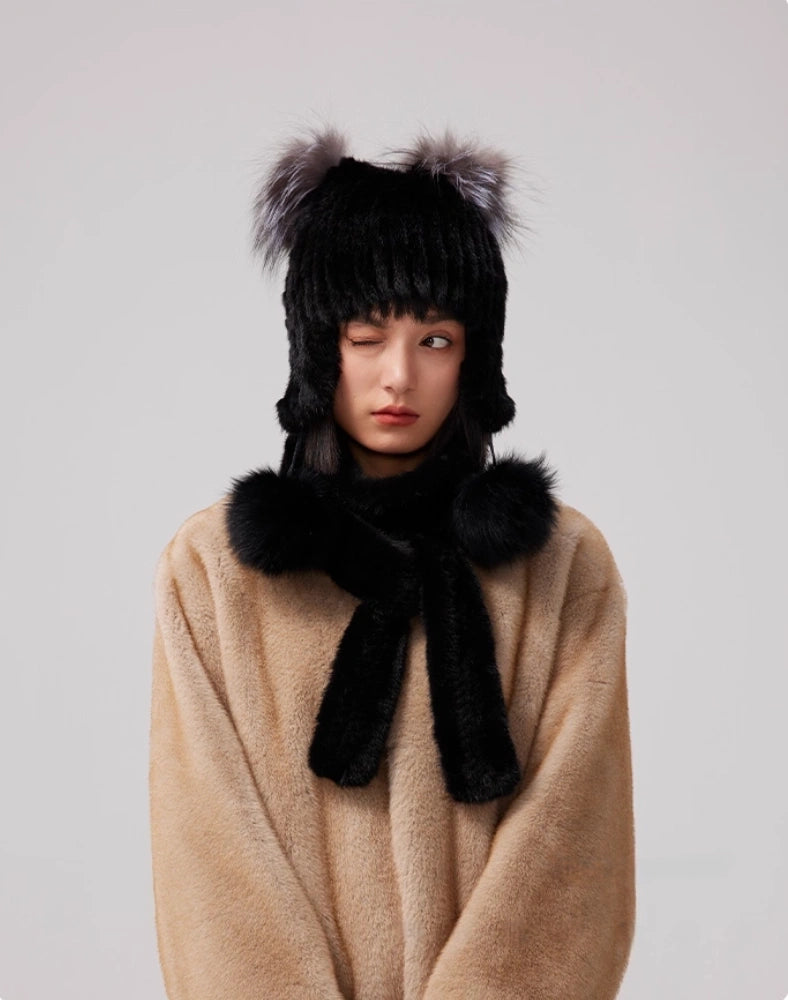 Mink Fur Knitted Hat with Fox Fur Pom Poms | Multiple Colors OESLO