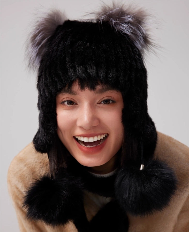 Mink Fur Knitted Hat with Fox Fur Pom Poms | Multiple Colors OESLO