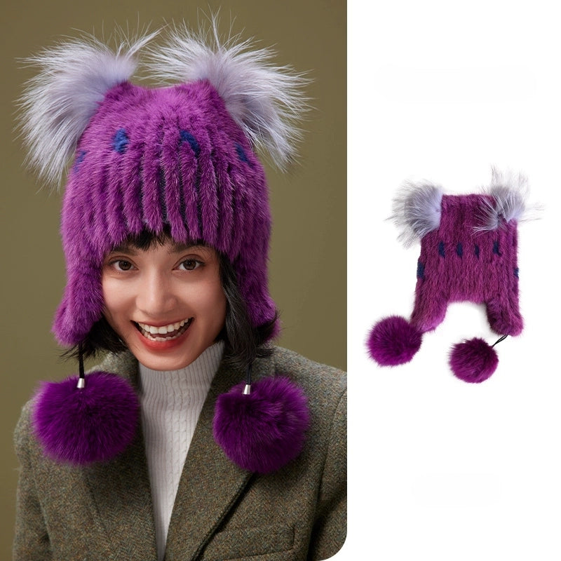 Mink Fur Knitted Hat with Fox Fur Pom Poms | Multiple Colors OESLO