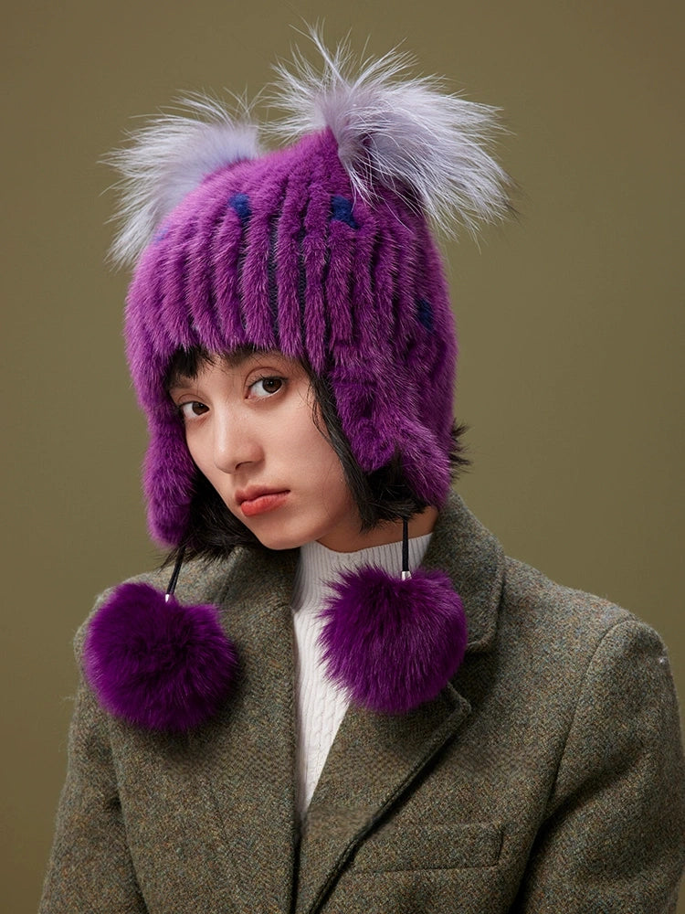 Mink Fur Knitted Hat with Fox Fur Pom Poms | Multiple Colors OESLO