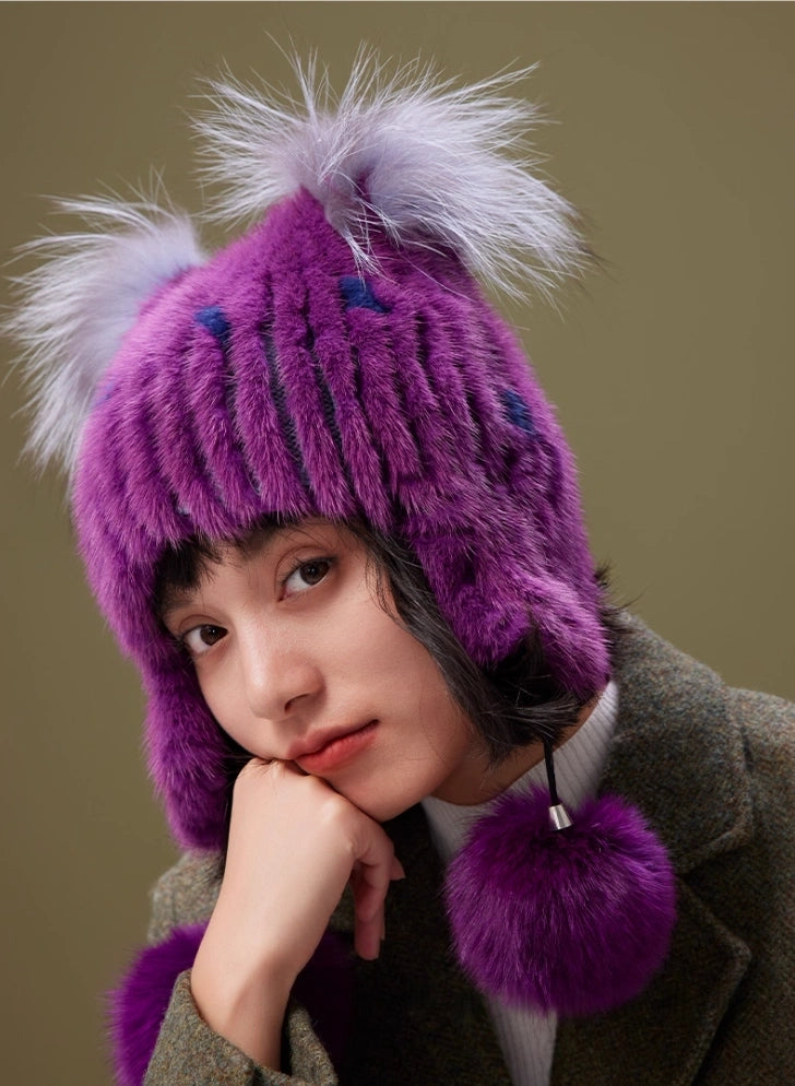 Mink Fur Knitted Hat with Fox Fur Pom Poms | Multiple Colors OESLO