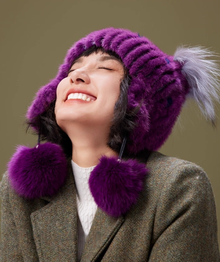 Mink Fur Knitted Hat with Fox Fur Pom Poms | Multiple Colors OESLO