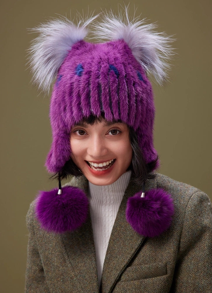 Mink Fur Knitted Hat with Fox Fur Pom Poms | Multiple Colors