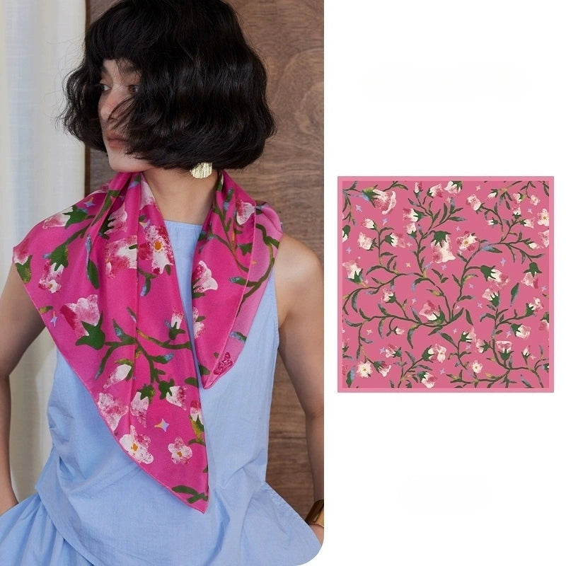 Berry Powder silk square scarf with morning glory floral print, 100% mulberry silk, displayed flat to highlight its vibrant design.