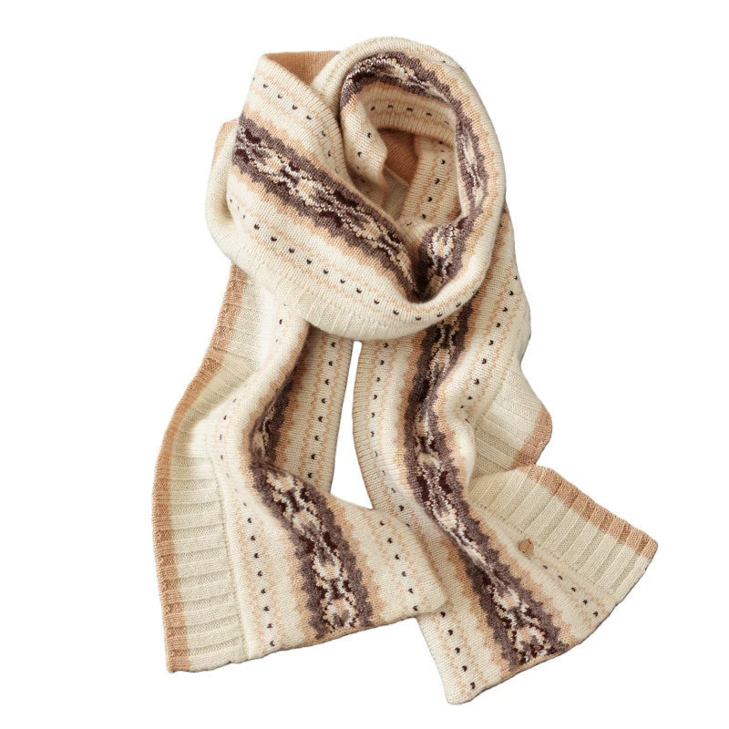 100% Wool Knit Scarf for Women – Oatmeal Beige Accordion Texture Winter Scarf - OESLO