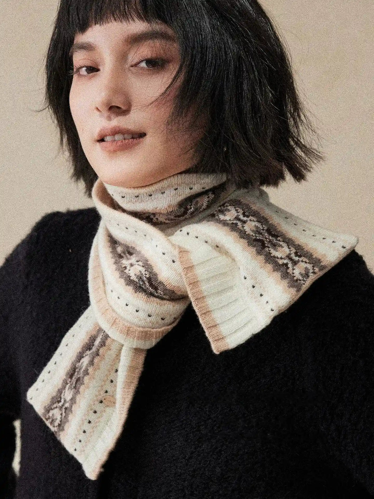 100% Wool Knit Scarf for Women – Oatmeal Beige Accordion Texture Winter Scarf - OESLO