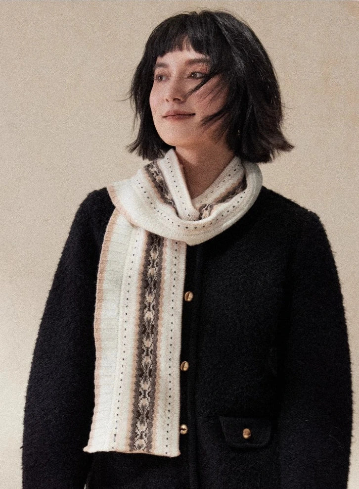 100% Wool Knit Scarf for Women – Oatmeal Beige Accordion Texture Winter Scarf - OESLO