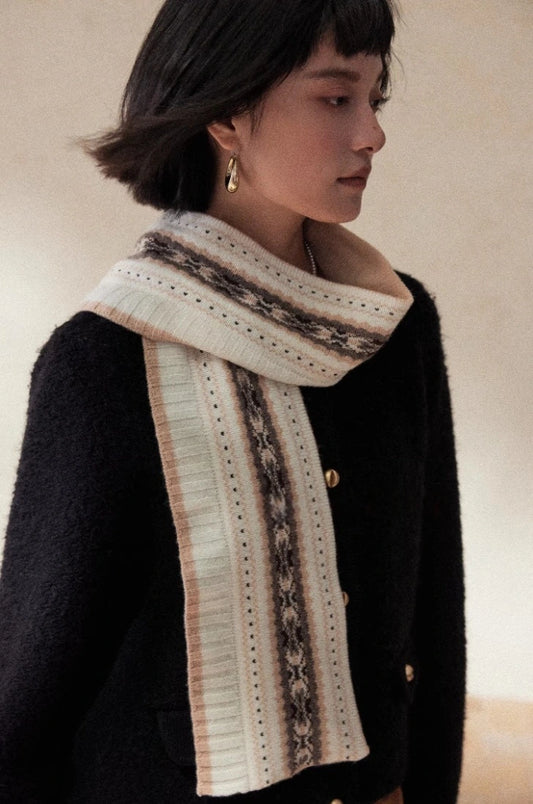 100% Wool Knit Scarf for Women – Oatmeal Beige Accordion Texture Winter Scarf