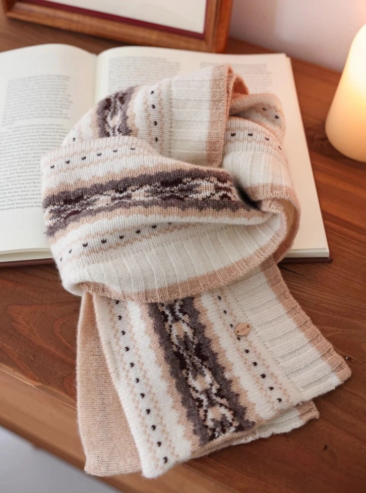 100% Wool Knit Scarf for Women – Oatmeal Beige Accordion Texture Winter Scarf - OESLO