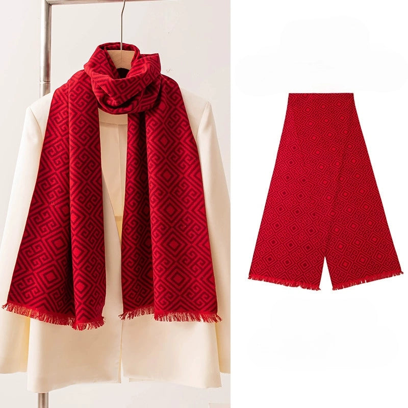 Red brushed silk long scarf styled over a white blouse with matching flat lay detail