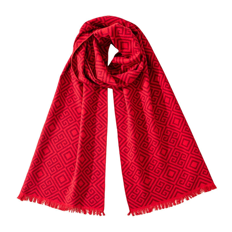 Red brushed silk long scarf with geometric jacquard pattern and fringed edges