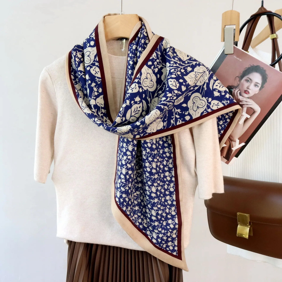 Elegant Silk Wool Long Scarf – Reversible Floral Print Wrap OESLO