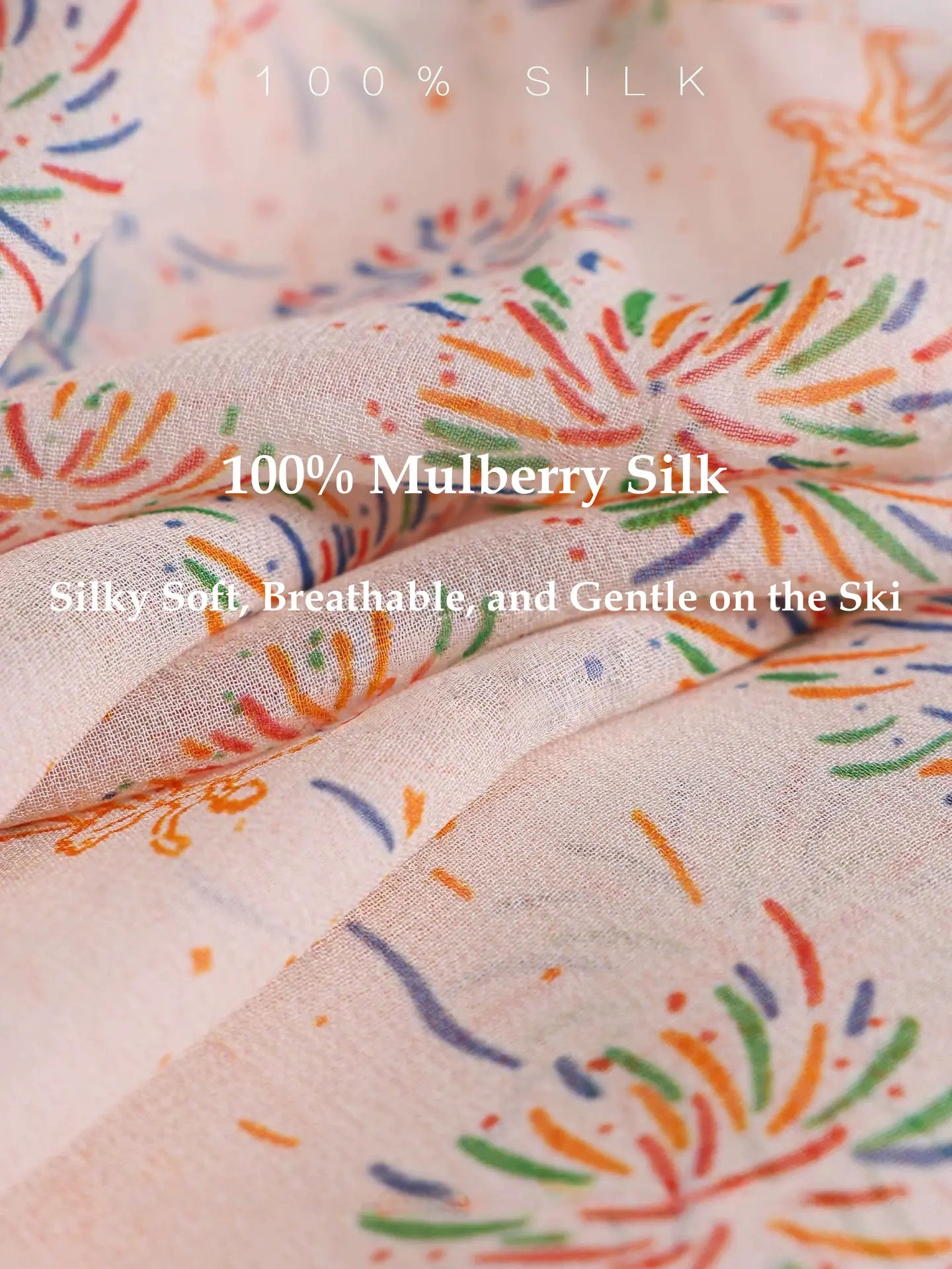 Close-up of white fireworks skinny silk scarf made from 100% mulberry silk with soft breathable texture