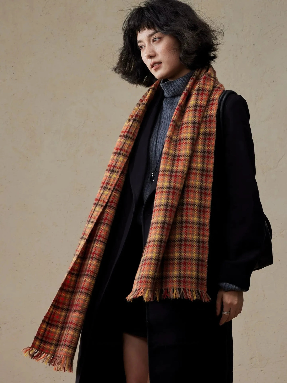 Vintage Reddish-Brown Plaid Cashmere Scarf OESLO